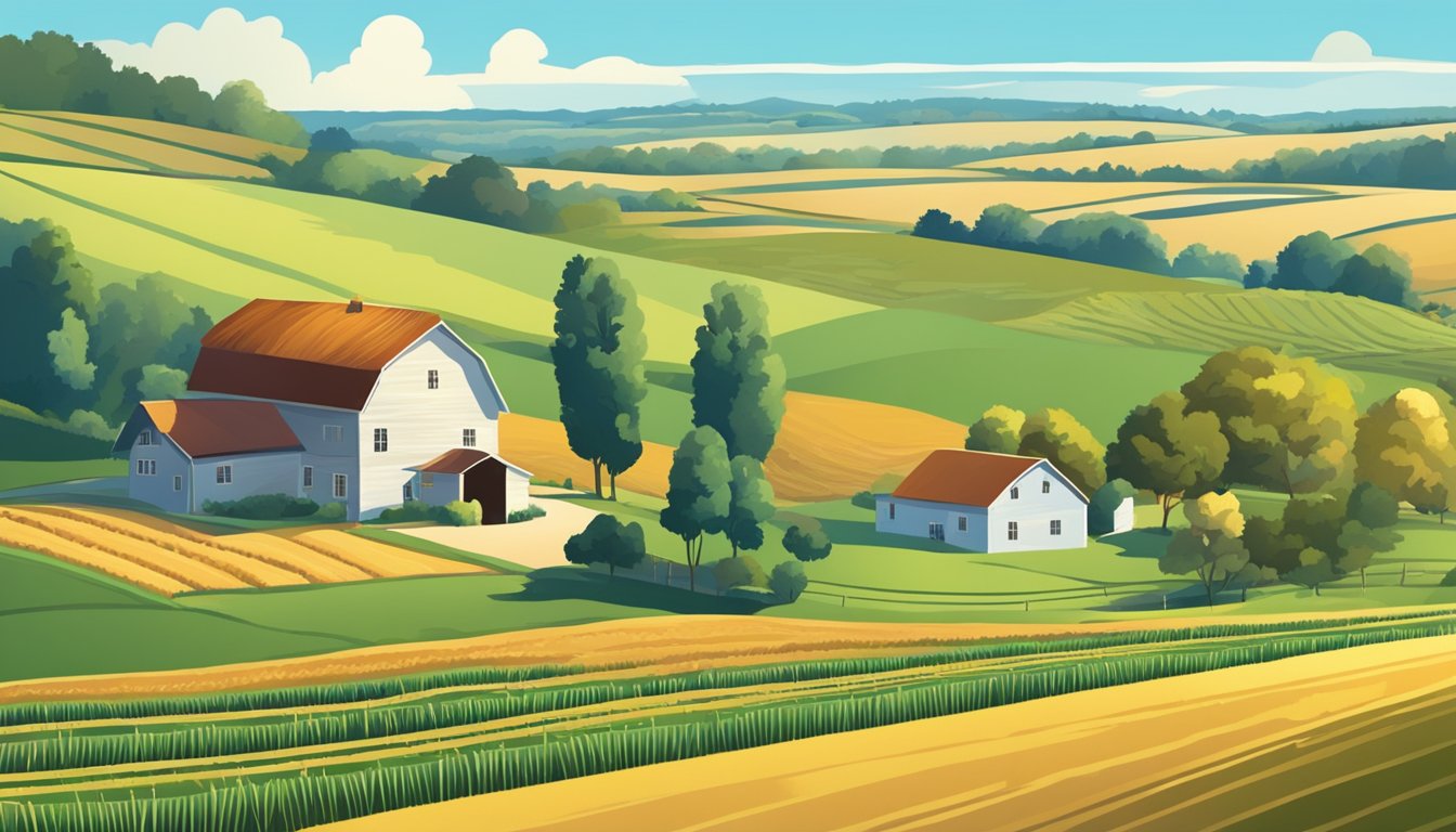 A rural landscape with a farmhouse, barn, and fields of crops under a clear blue sky