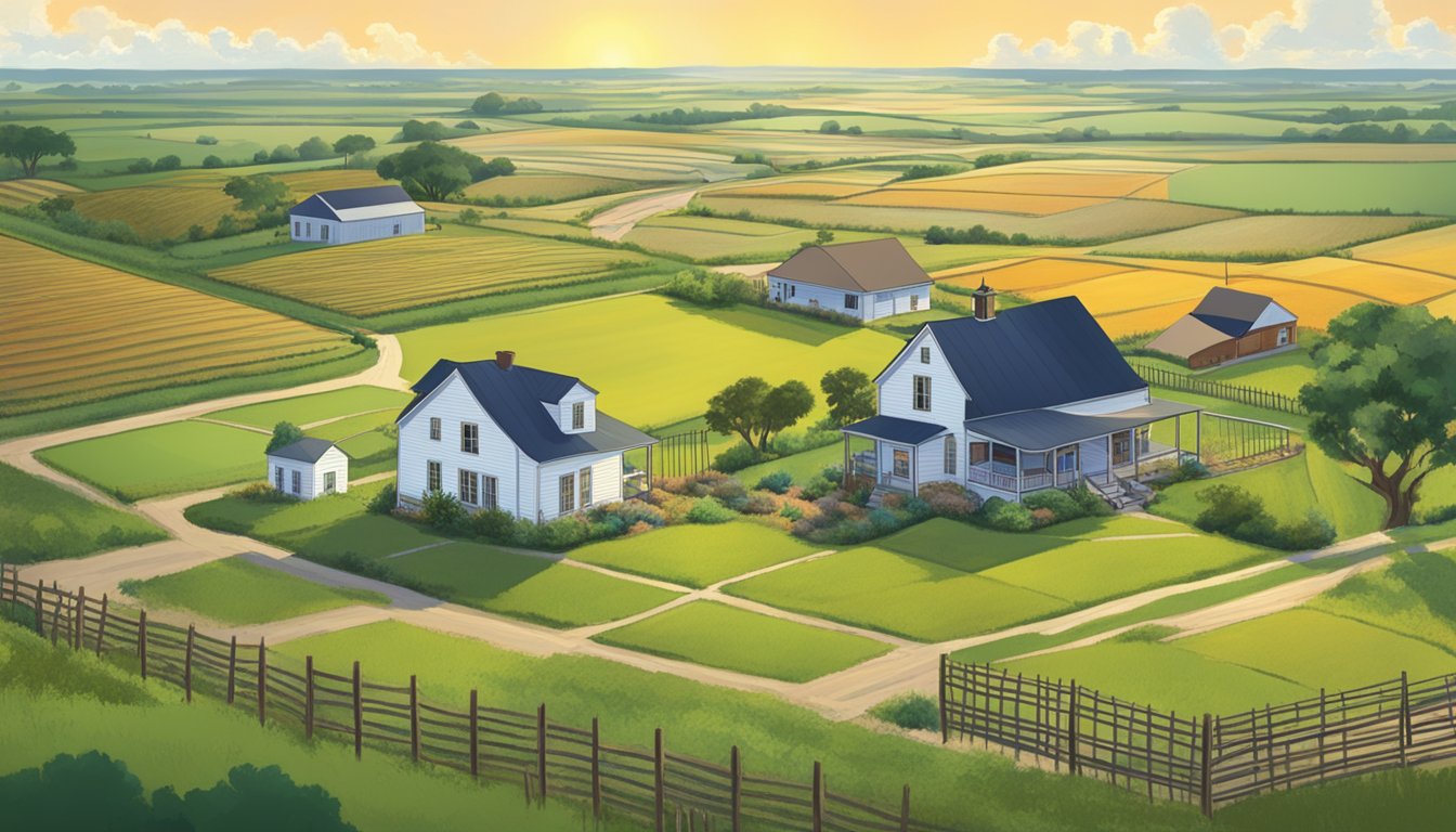 A sprawling rural landscape in Galveston County, Texas, featuring agricultural fields, livestock, and a farmhouse, with a prominent "Ag Exemption" sign