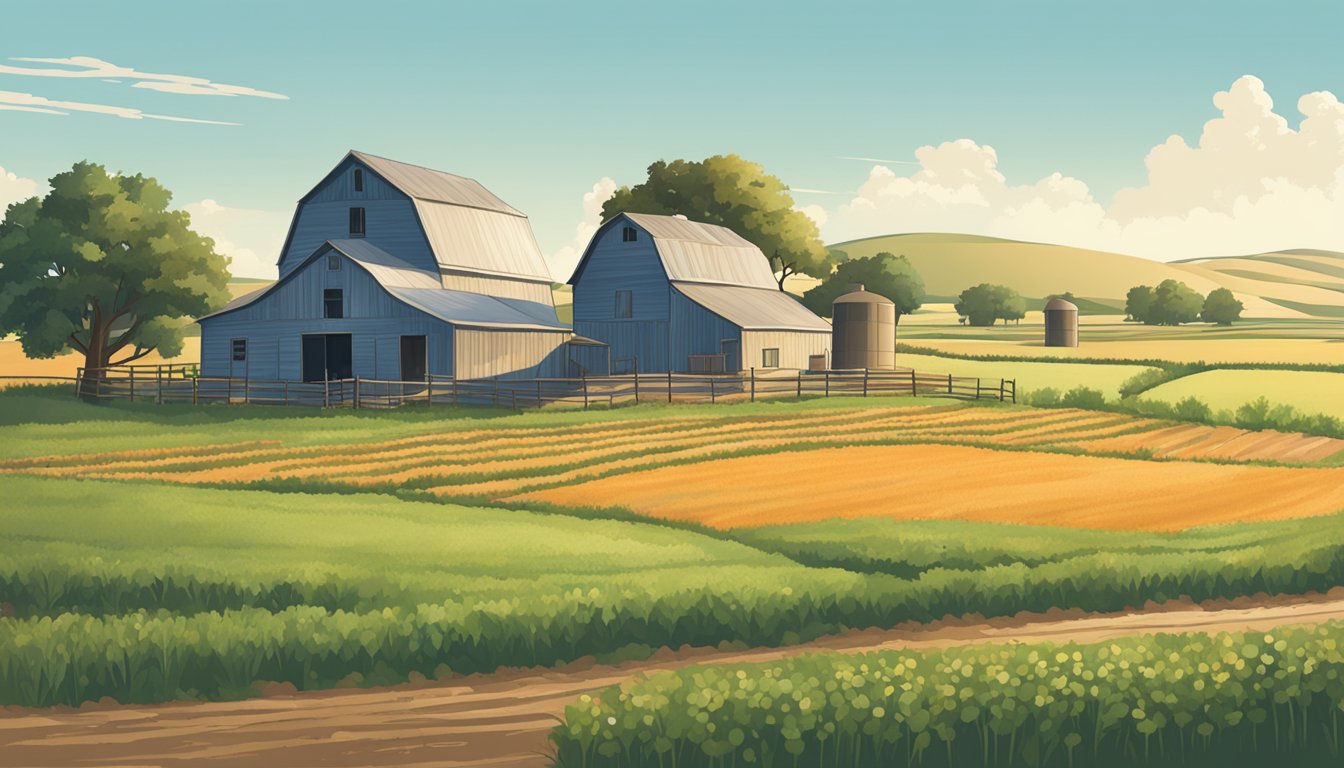 A rural landscape with a farmhouse, barn, and fields of crops under a clear blue sky in Gillespie County, Texas