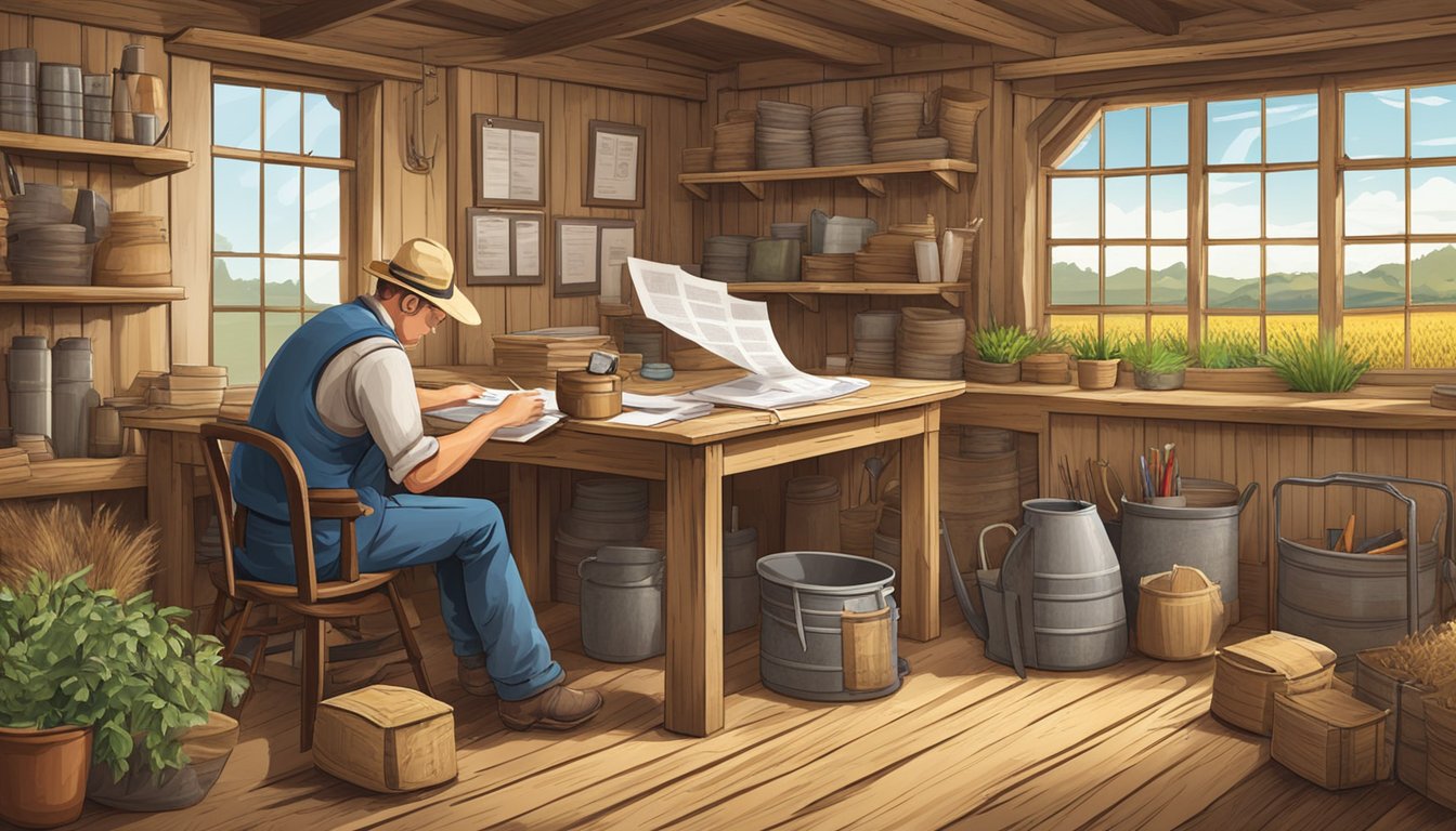 A farmer filling out paperwork in a rustic office, surrounded by agricultural equipment and documents