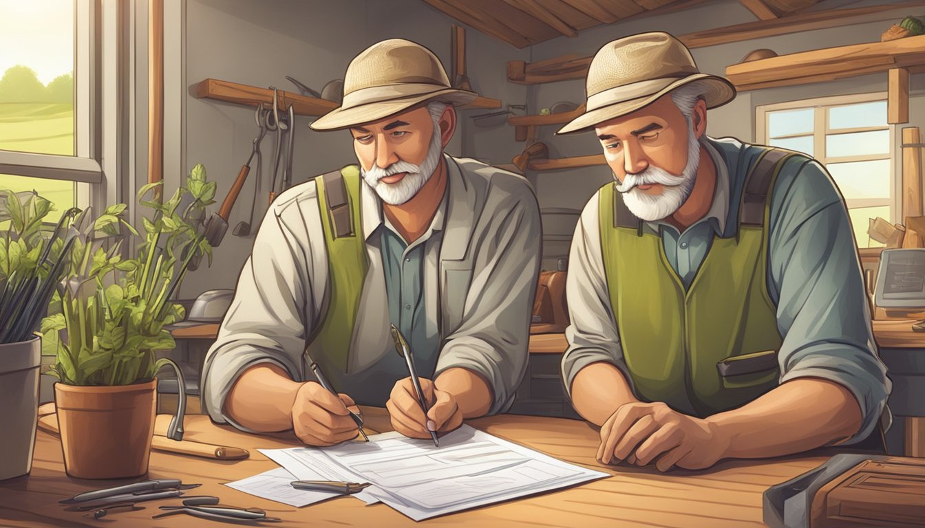 A farmer filling out paperwork at a desk with agricultural tools and equipment in the background