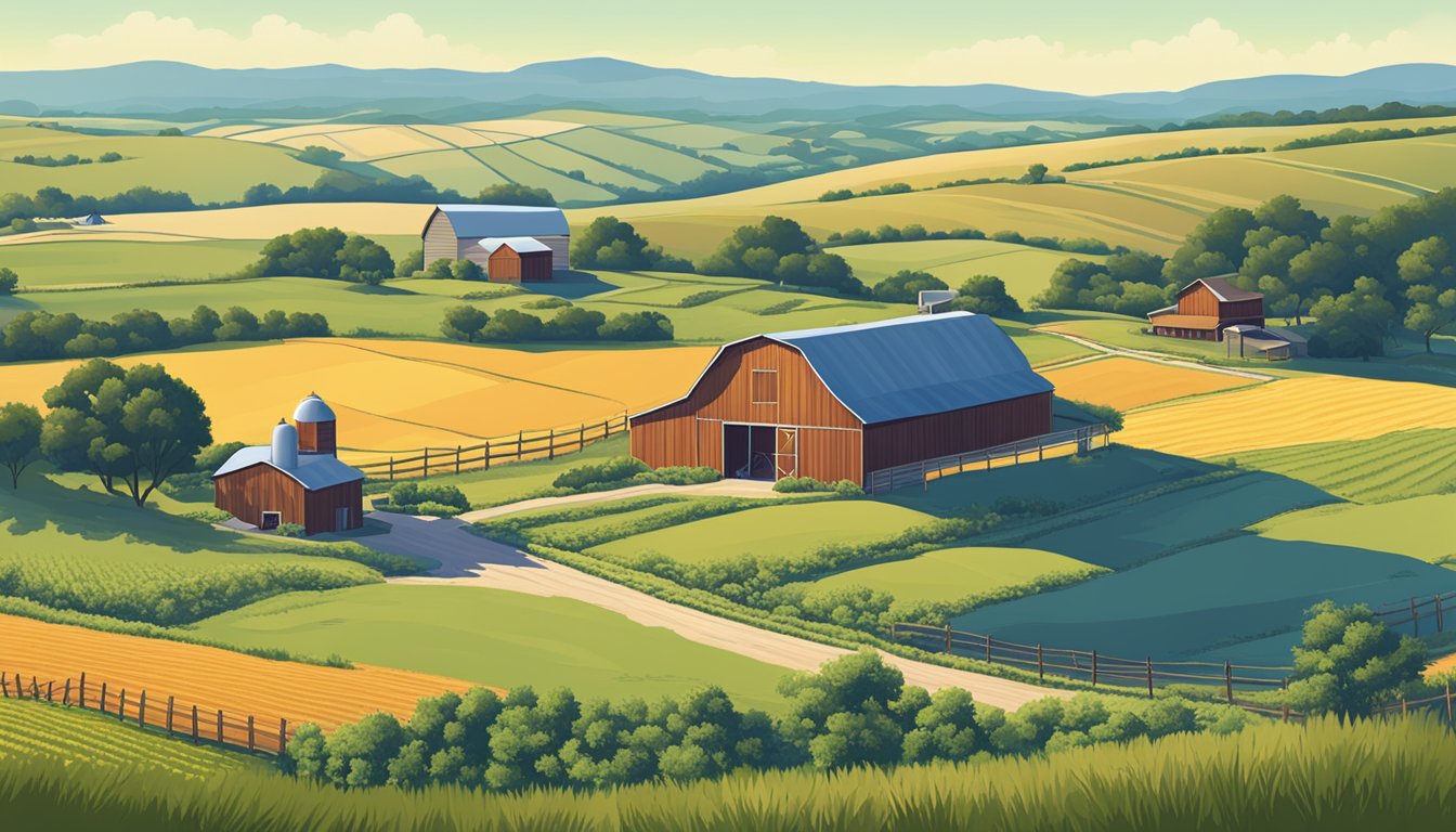 A rural landscape with a farmhouse, barn, and fields of crops surrounded by rolling hills and a clear blue sky in Gillespie County, Texas