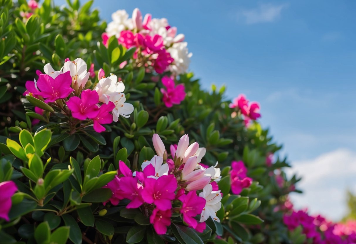 Vibrant oleander bush in full bloom, with pink and white flowers against a backdrop of green leaves and a clear blue sky