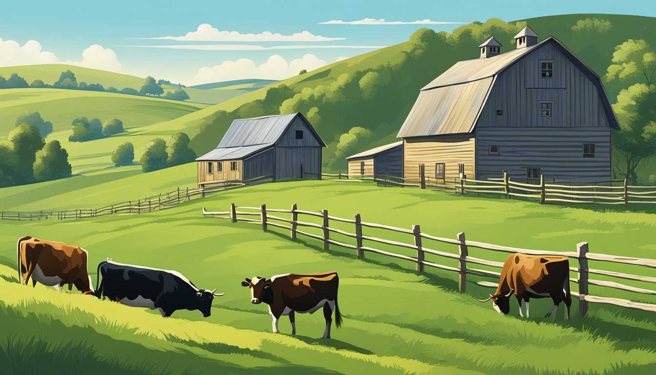 Rolling hills of green pastures dotted with grazing cattle, bordered by rustic fences and a quaint farmhouse under a clear blue sky