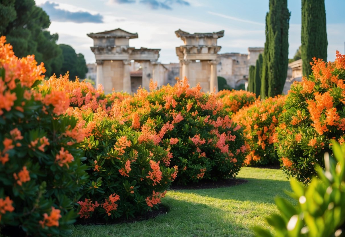 A lush garden of vibrant oleander bushes, with a backdrop of ancient architecture and artifacts, symbolizing the plant's cultural and historical significance