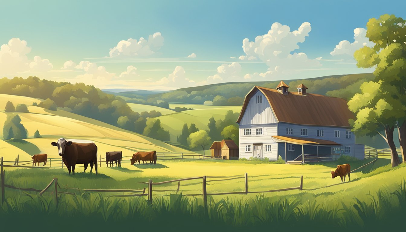 A rural landscape with a farmhouse, barn, and grazing cattle, surrounded by fields and forests, under a clear blue sky