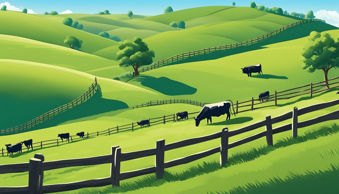 Rolling hills of green pastures dotted with grazing cattle, bordered by wooden fences and a clear blue sky overhead