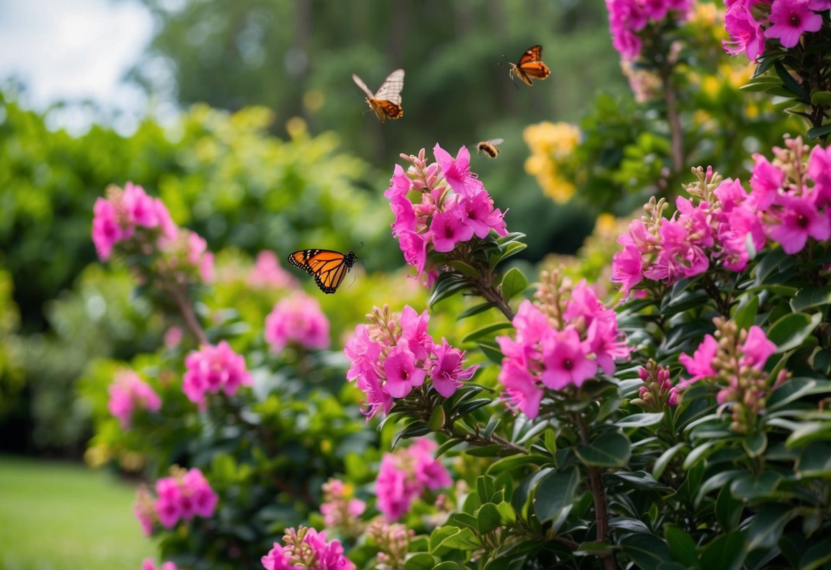 A lush garden with vibrant oleander flowers in full bloom, attracting butterflies and bees