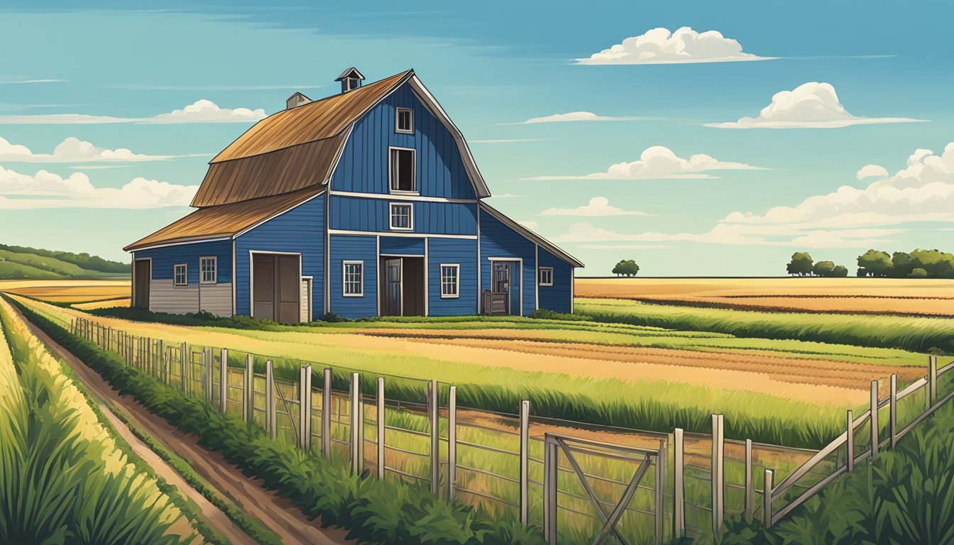 A rural landscape with a farmhouse, barn, and fields of crops under a clear blue sky in Freestone County, Texas