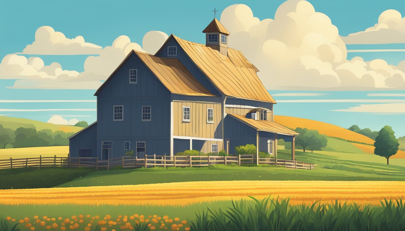 A rural landscape with a farmhouse, barn, and fields of crops under a bright blue sky