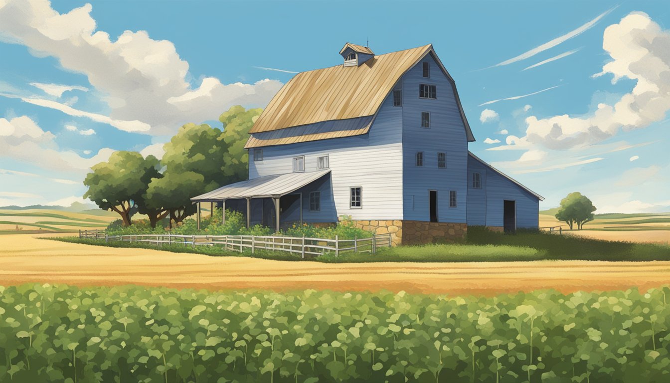 A rural landscape with a farmhouse, barn, and fields of crops under a bright blue sky in Freestone County, Texas