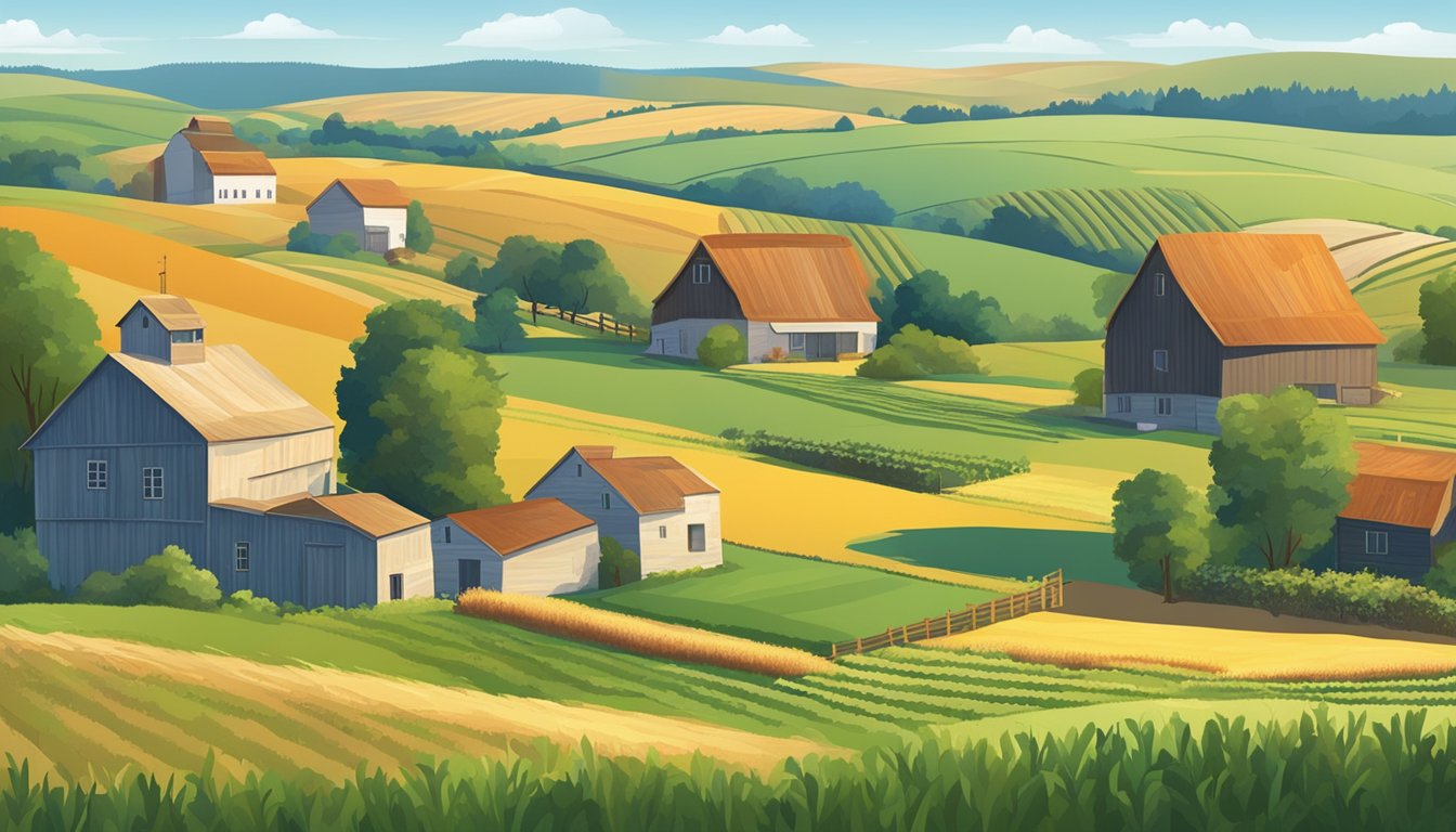 A rural landscape with a farmhouse, barn, and fields of crops under a clear blue sky