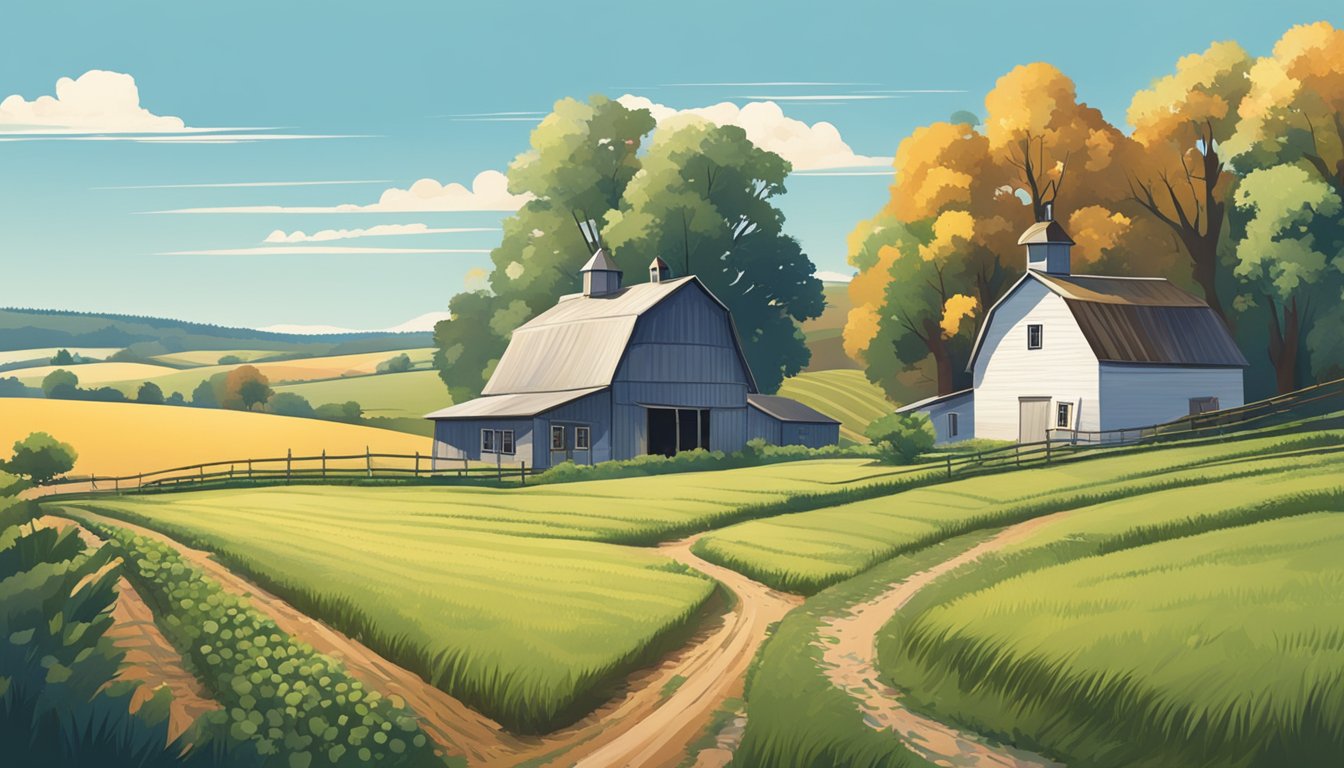 A rural landscape with a farmhouse, barn, and fields of crops under a clear blue sky