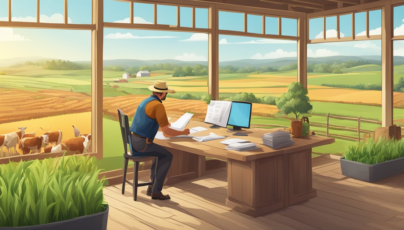 A farmer filling out paperwork in a rural office, surrounded by fields and livestock