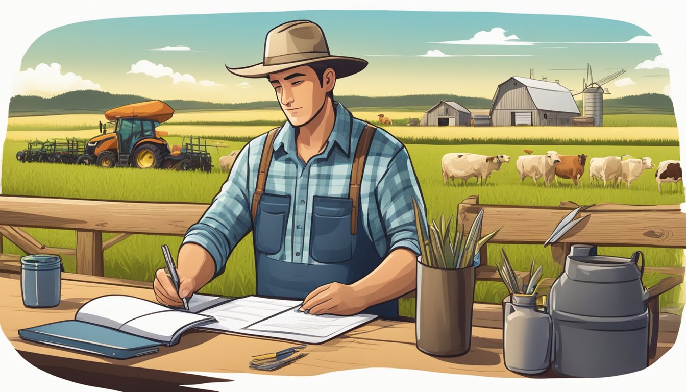 A farmer filling out paperwork at a desk, surrounded by agricultural equipment and livestock