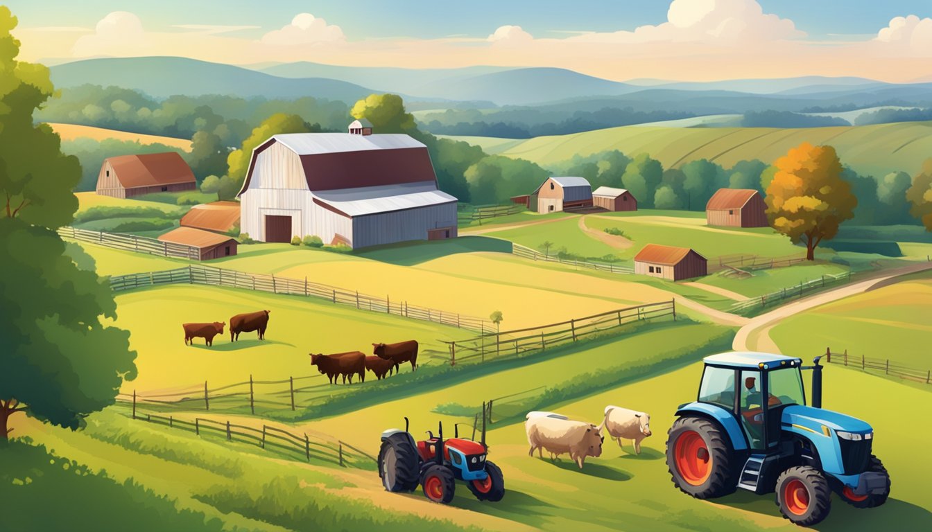 A rural landscape with a farmhouse, barn, and open fields. A tractor and livestock are present, indicating agricultural activity