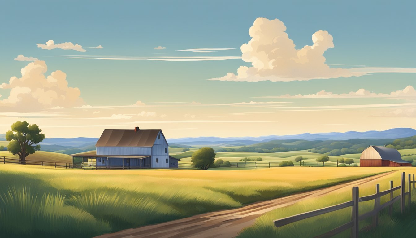 A rural Texas landscape with a farmhouse, barn, and open fields, surrounded by rolling hills and a clear blue sky