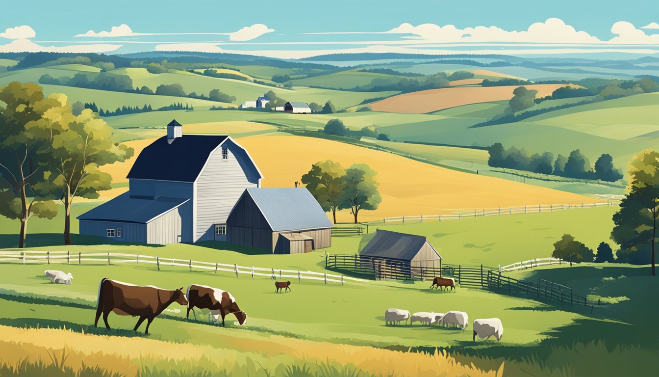 A rural landscape with a farmhouse, barn, and grazing livestock surrounded by fields and fences, under a clear blue sky