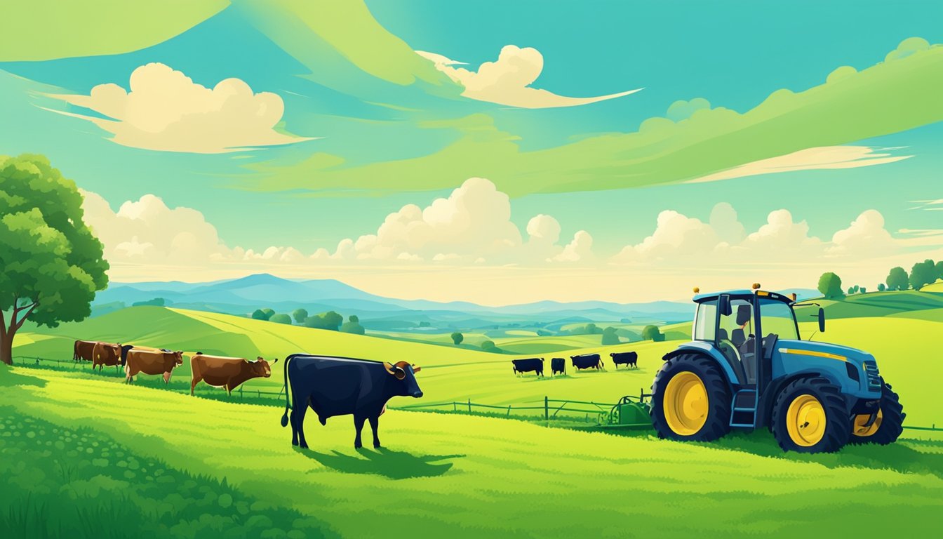 Lush green fields stretch to the horizon, dotted with cattle and farm equipment. A bright blue sky and rolling hills complete the rural landscape