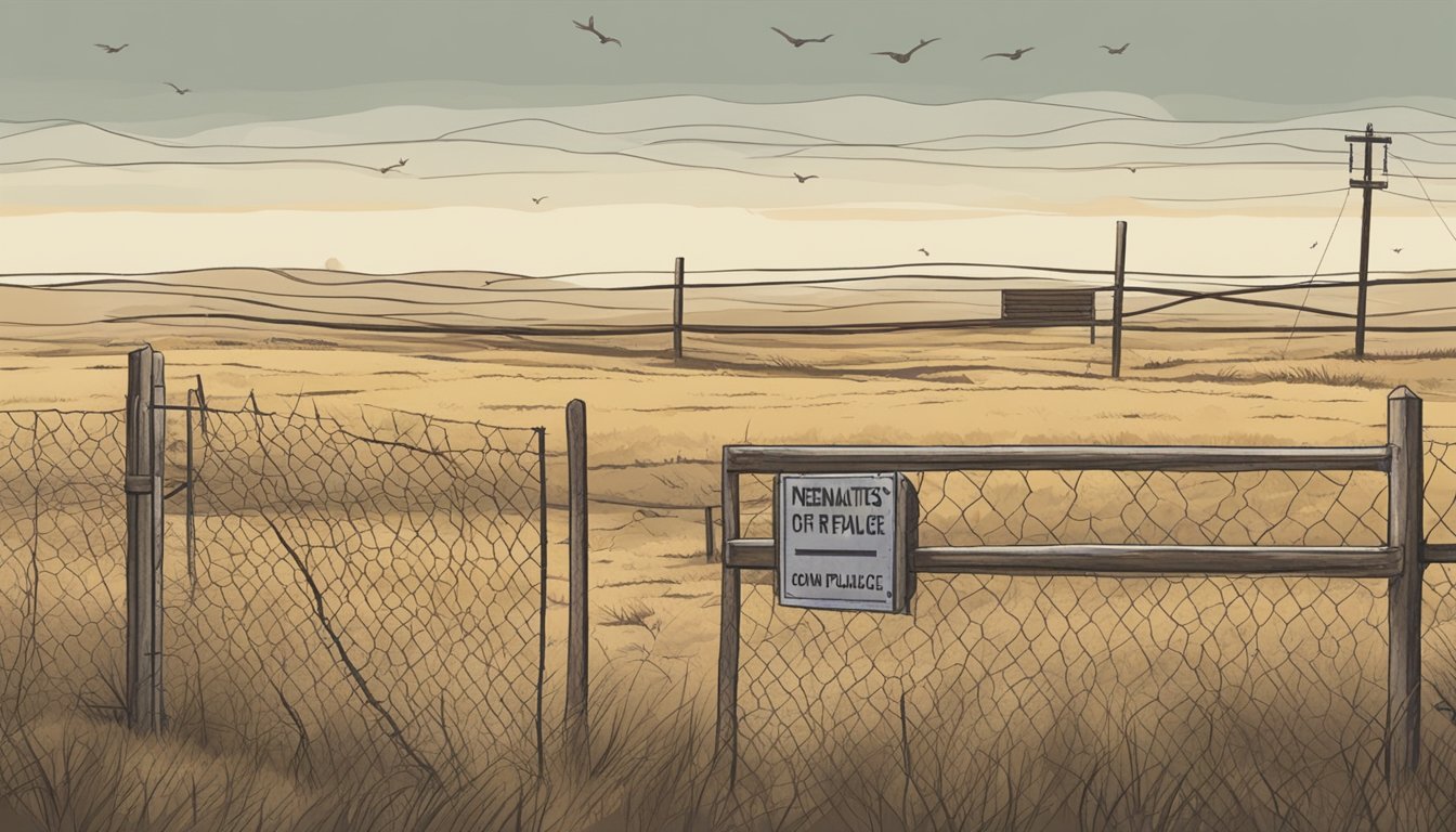 A barren field with a broken fence and a sign indicating "Penalties for Non-Compliance" in Gaines County, Texas