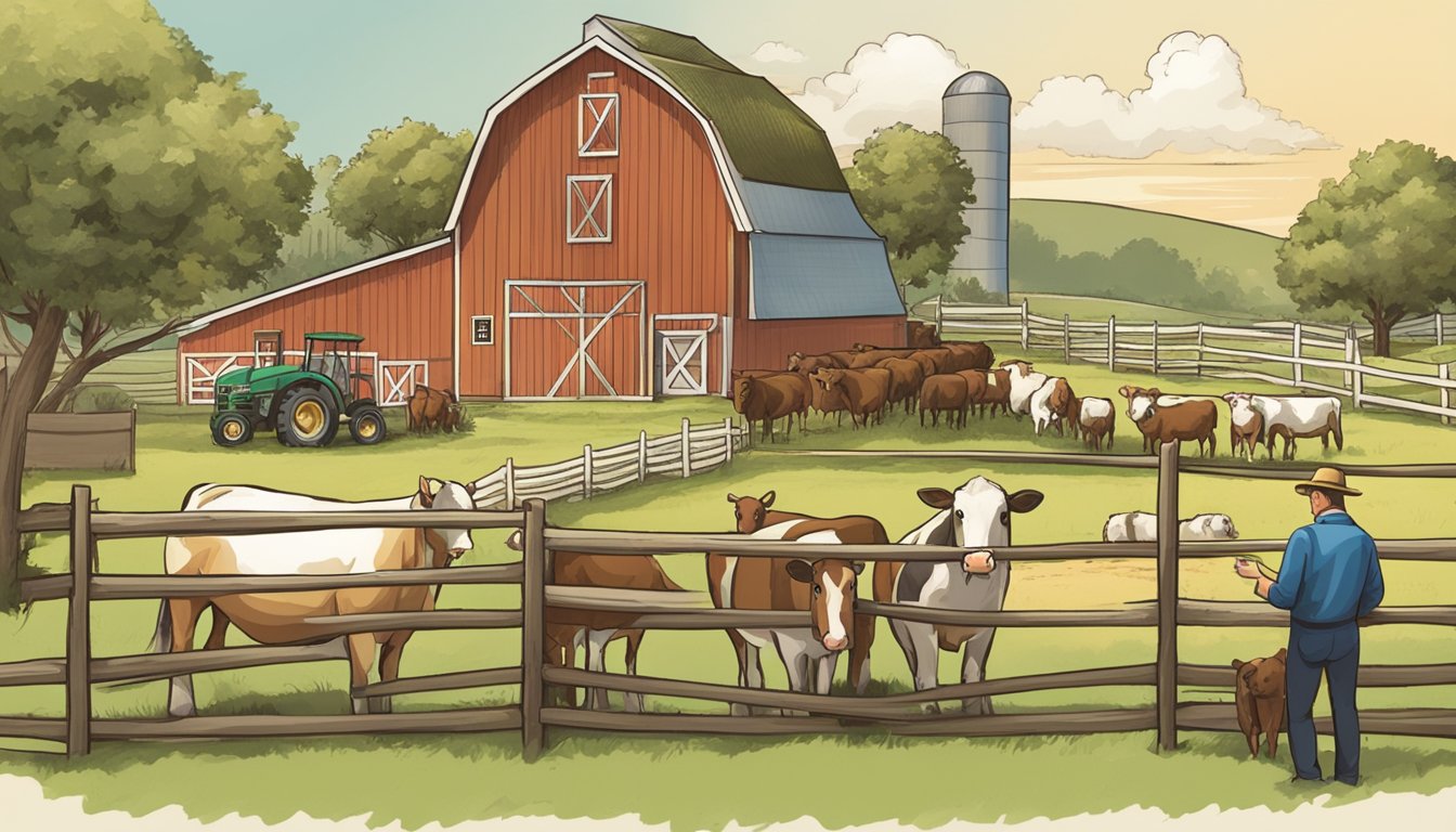 A farm with rolling fields, a barn, and livestock, surrounded by a fence. A farmer is filling out paperwork while a county official looks on