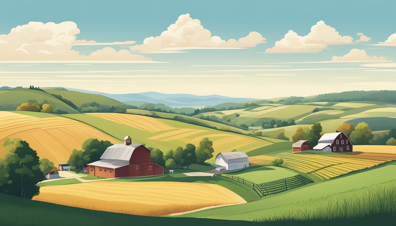 A rural landscape with a farmhouse, barn, and fields, surrounded by rolling hills and a clear blue sky