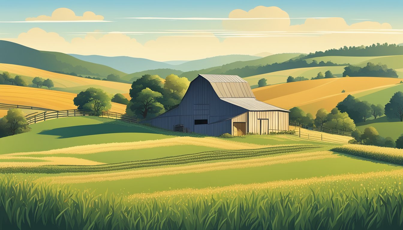 A rural landscape with a barn, livestock, and crops, surrounded by rolling hills and a clear blue sky