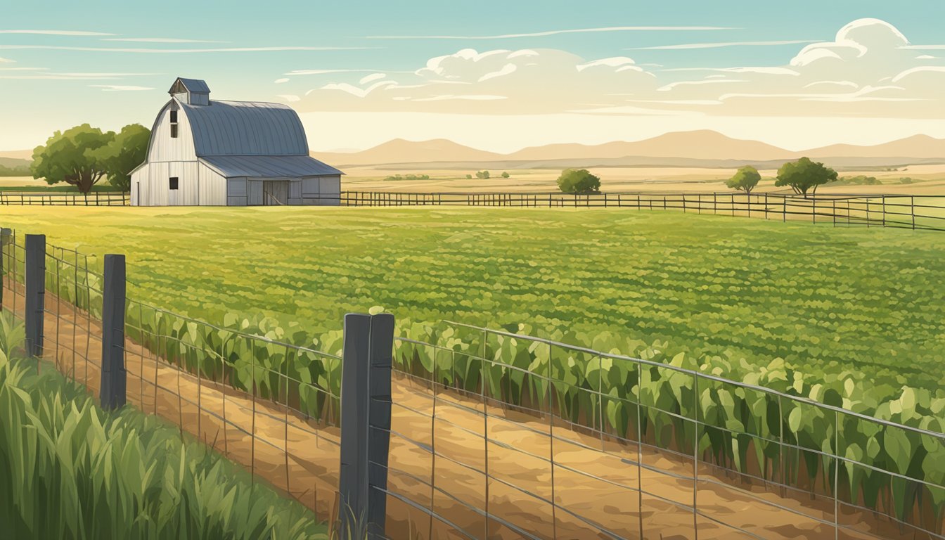 A vast field in Guadalupe County, Texas, with rows of crops and grazing livestock, surrounded by a fence and a farmhouse in the distance