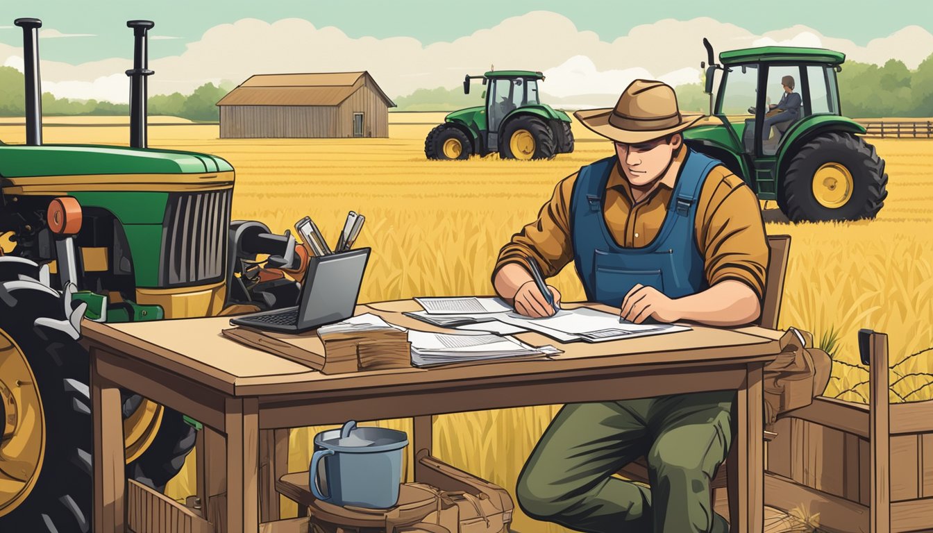 A farmer filling out paperwork at a desk, surrounded by agricultural equipment and livestock