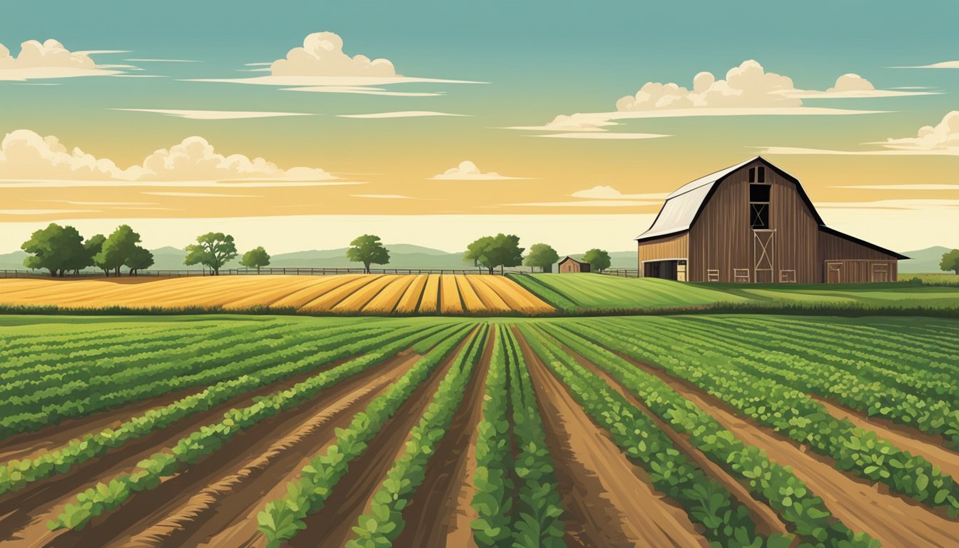 Rolling farmland with rows of crops, a rustic barn, and grazing livestock under a clear Texas sky