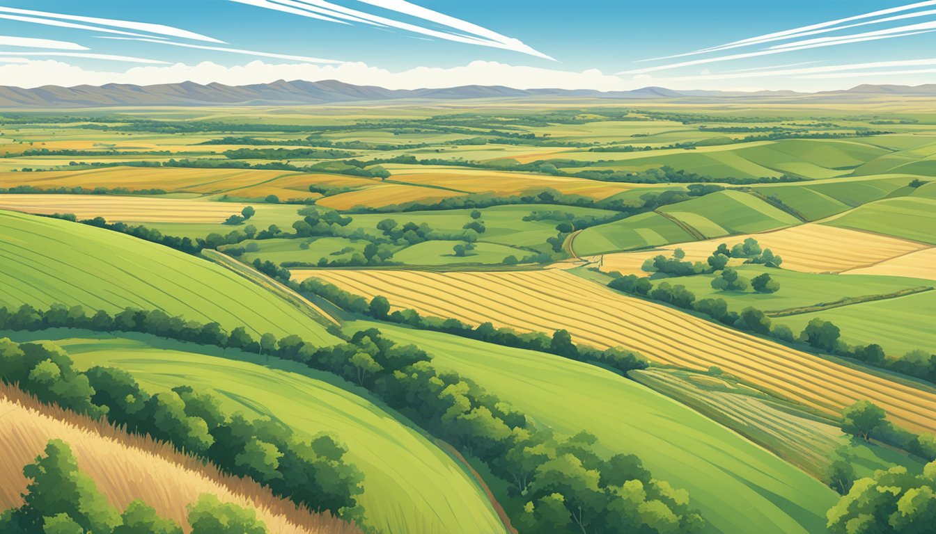 A sprawling rural landscape in Guadalupe County, Texas, with vast fields of crops and grazing livestock, surrounded by a clear blue sky and distant rolling hills