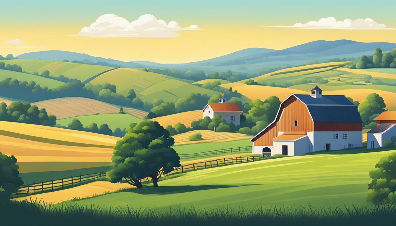 A rural landscape with a farmhouse, barn, and fields, surrounded by rolling hills and a clear blue sky