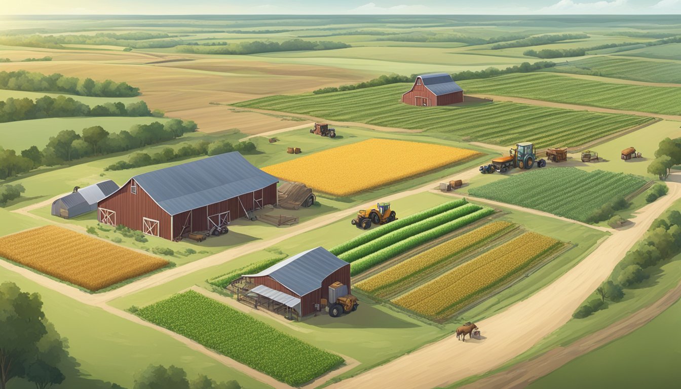 A sprawling farm in Franklin County, Texas, with fields of crops, grazing livestock, and agricultural equipment scattered across the land