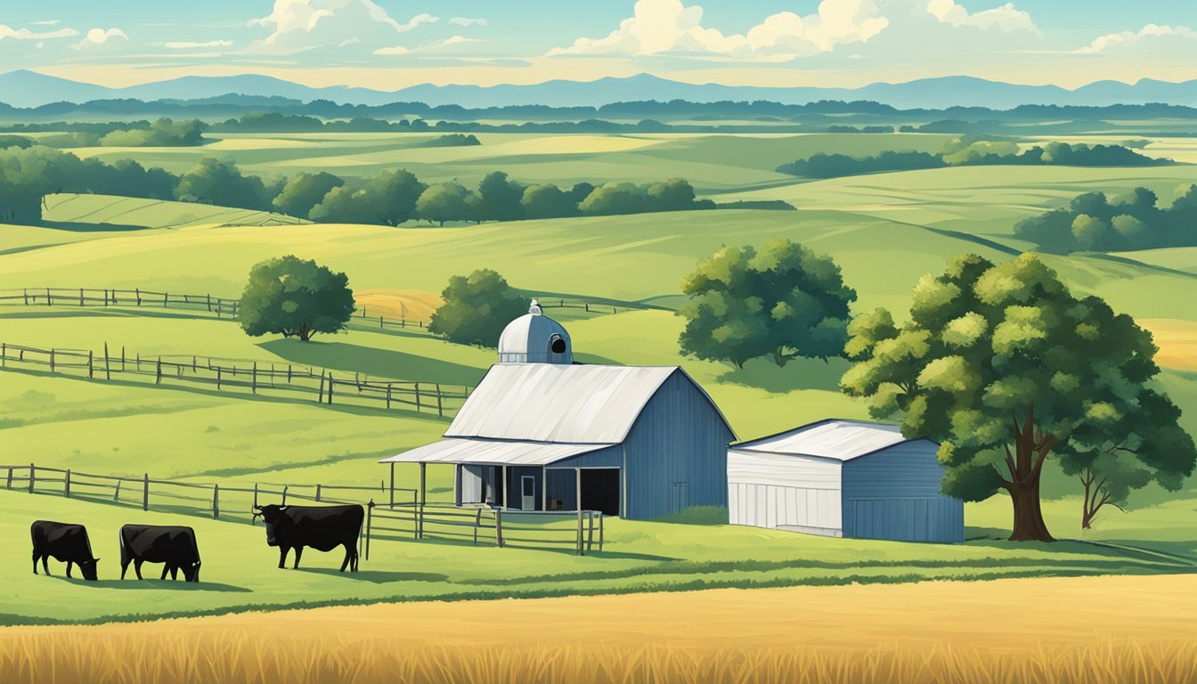 A rural landscape in Foard County, Texas with farmland, grazing cattle, and a sign indicating tax exemptions for agricultural use