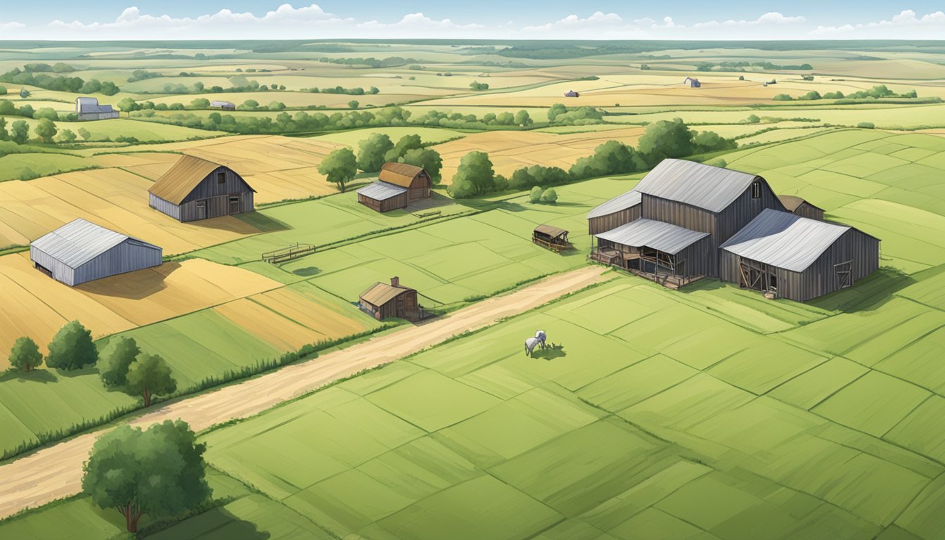 A sprawling rural landscape in Franklin County, Texas, featuring vast fields of crops and grazing livestock, with a farmhouse and barn in the distance