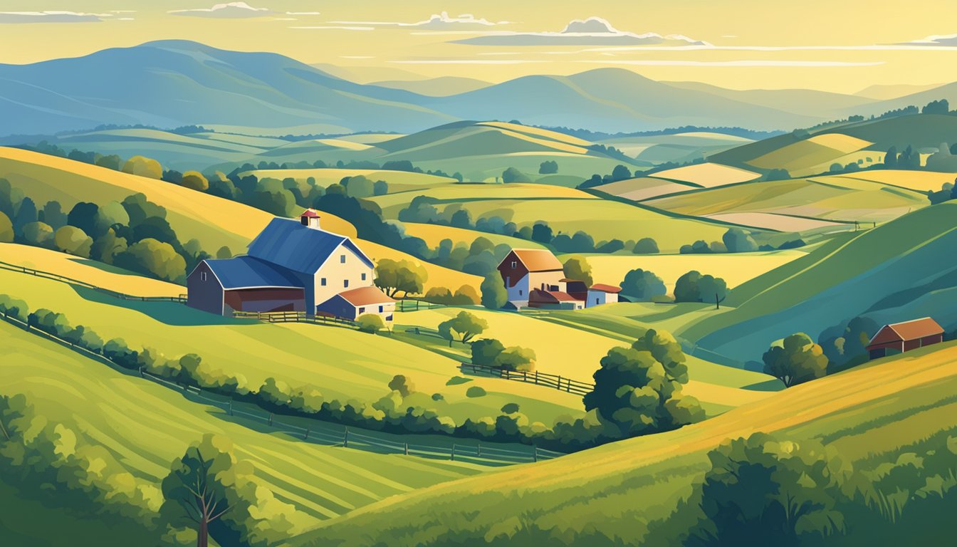 A rural landscape with a farmhouse, barn, and fields under a bright blue sky, surrounded by rolling hills and grazing livestock