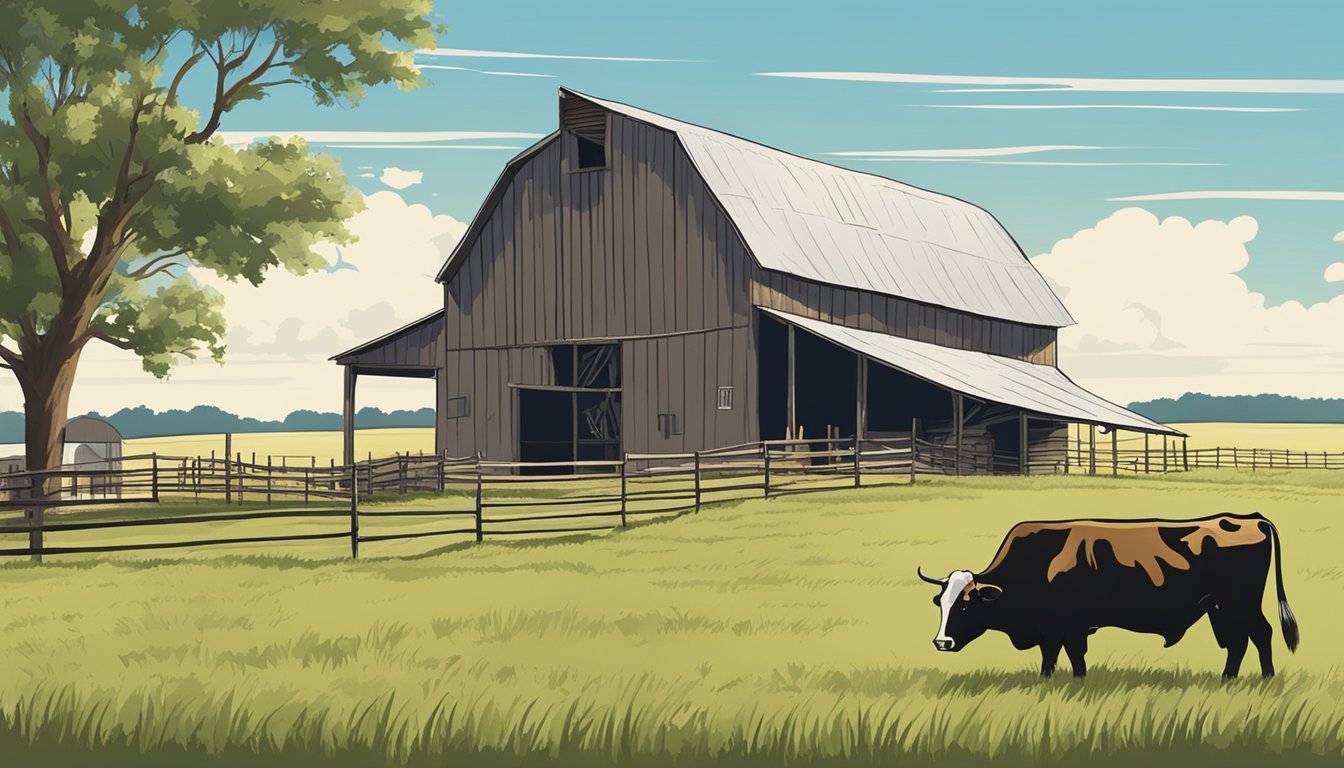 Rolling farmland with grazing cattle, a rustic barn, and a clear blue sky in Foard County, Texas