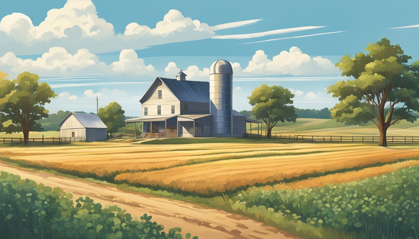 A rural landscape in Franklin County, Texas, with a farmhouse, barn, and fields of crops under a clear blue sky