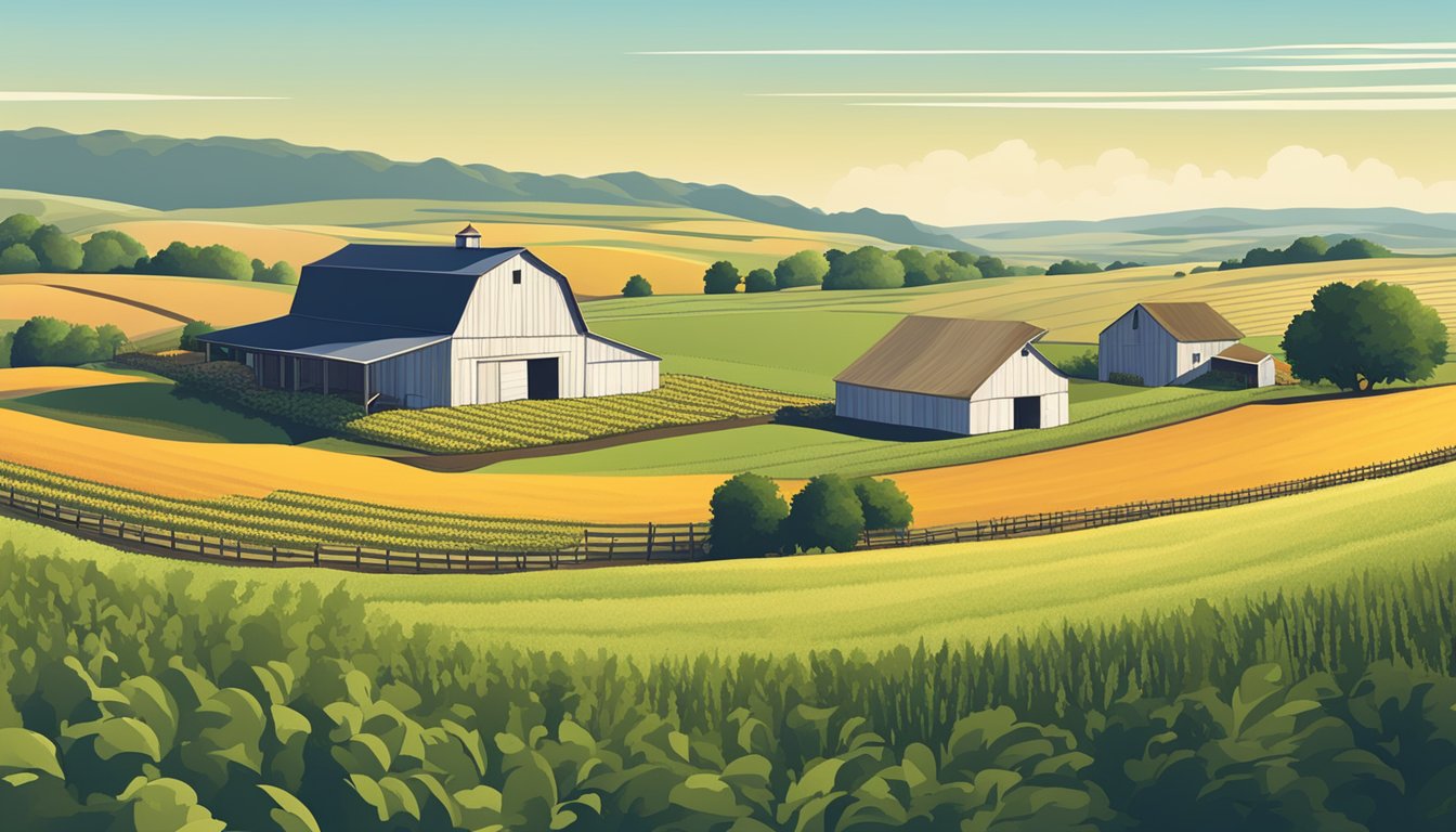 A rural landscape with a farmhouse, barn, and fields of crops under a clear sky in Grayson County, Texas