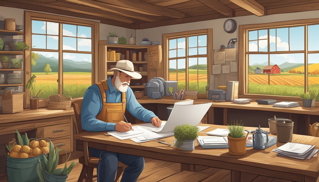 A farmer filling out paperwork in a rustic office, surrounded by agricultural equipment and charts. A county official assists with the application process