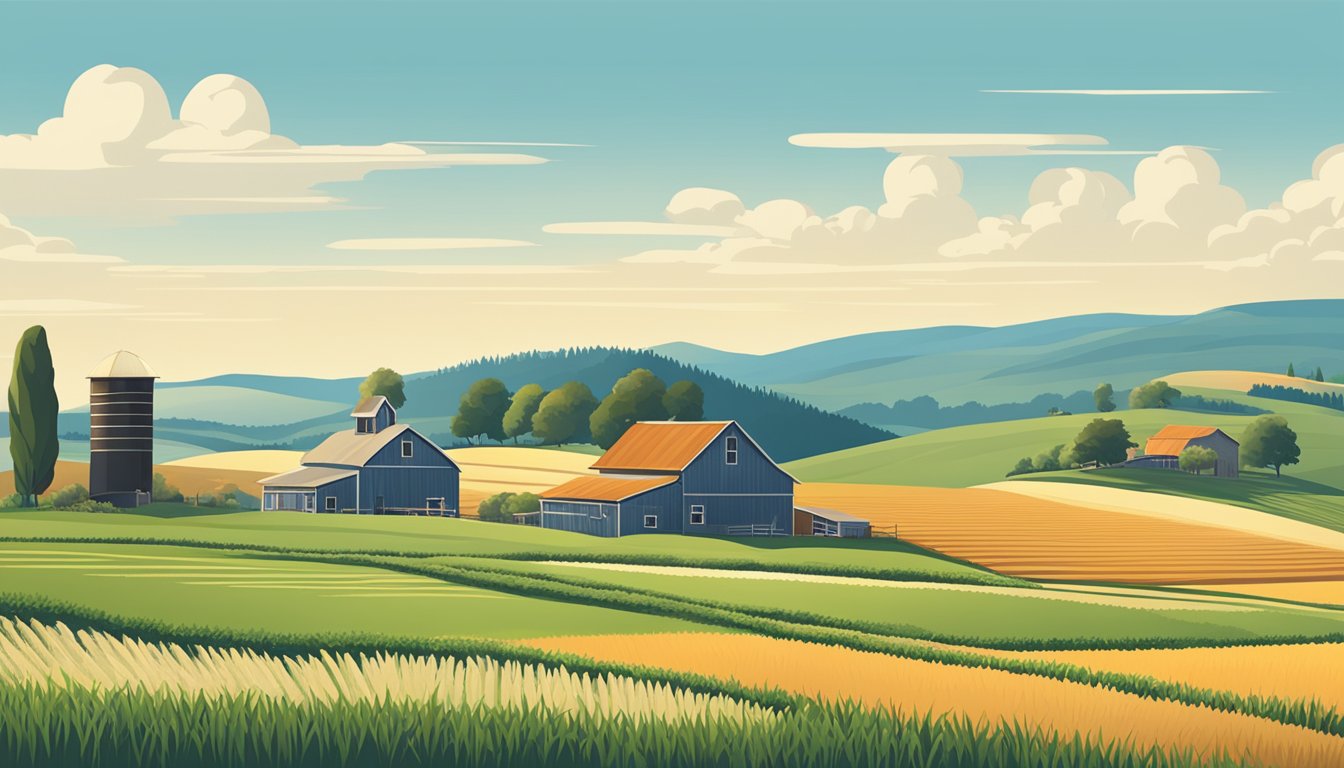 A rural landscape with a farmhouse, barn, and fields of crops under a clear blue sky