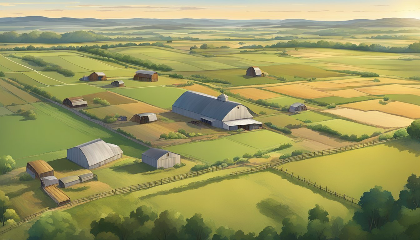 A sprawling agricultural landscape in Grayson County, Texas, with fields of crops and livestock, surrounded by a rural setting with barns and fences