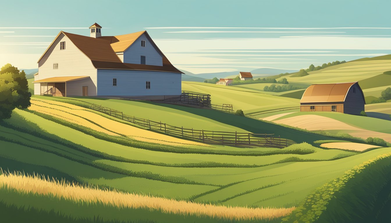 A sunny rural landscape with a farmhouse, barn, and fields of crops or livestock, surrounded by rolling hills and a clear blue sky