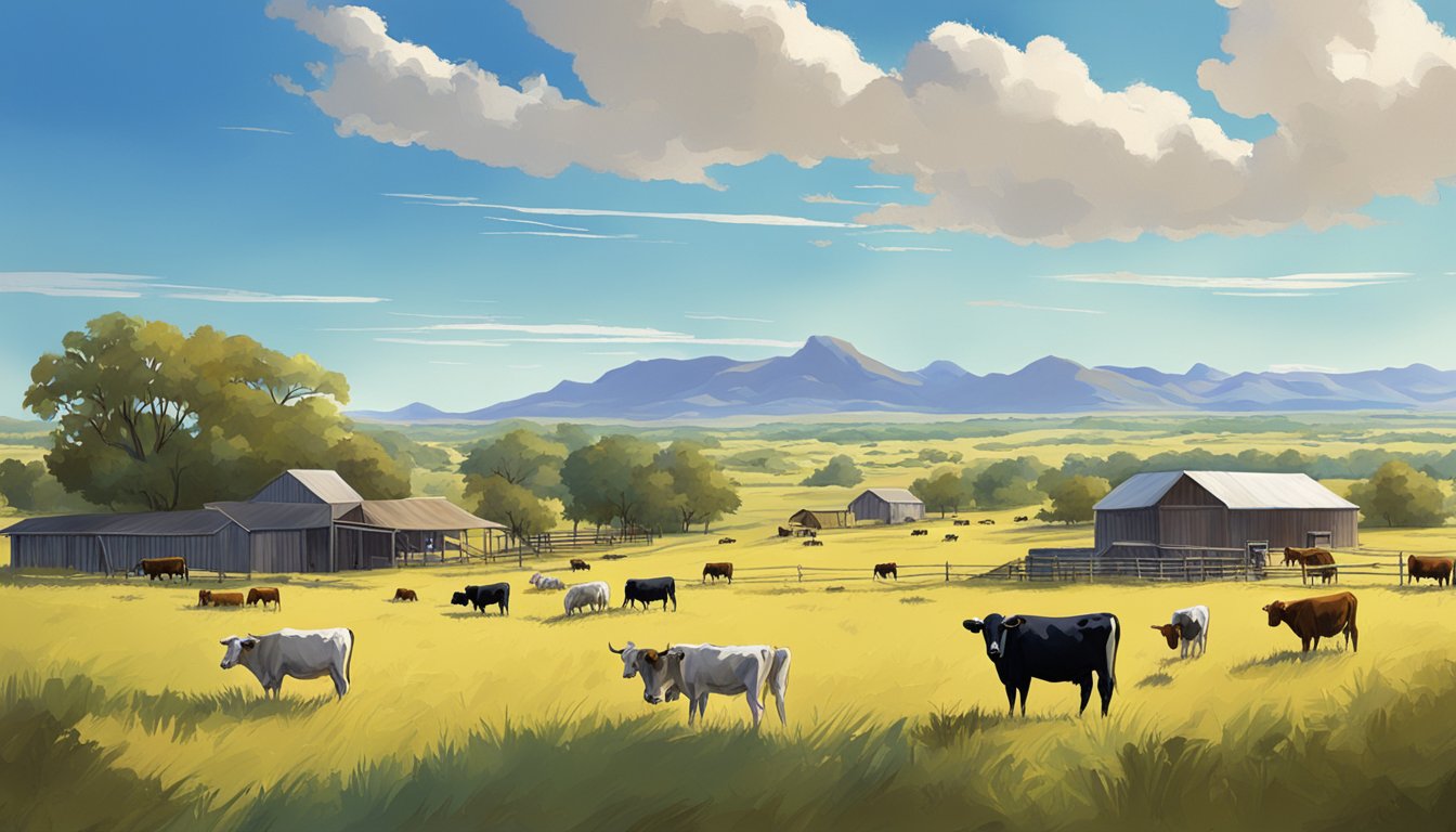 A sprawling Texas ranch with cattle grazing in open fields under a bright blue sky