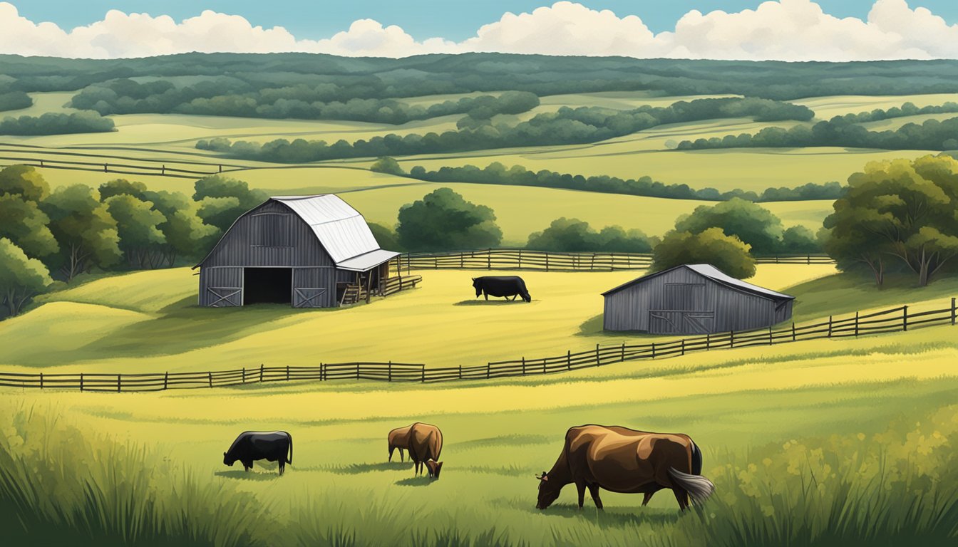 A rural landscape with a barn, grazing livestock, and rolling hills in Fayette County, Texas