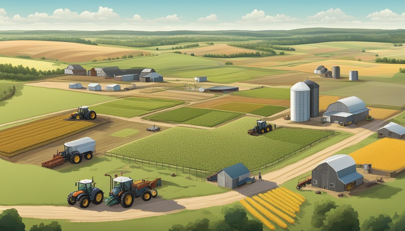 A sprawling farm in Floyd County, Texas, with fields of crops, grazing livestock, and agricultural equipment scattered across the landscape