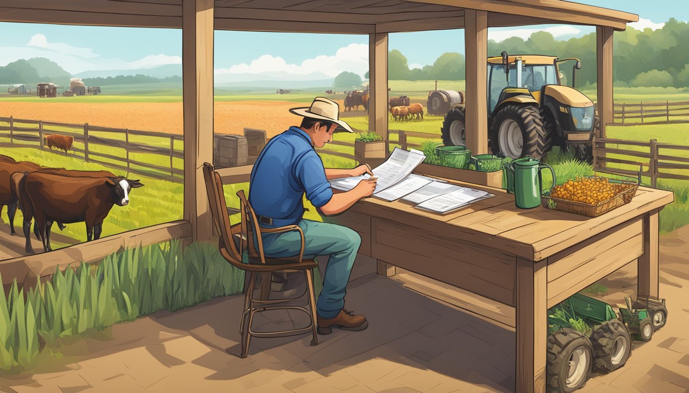 A farmer filling out paperwork at a desk, surrounded by agricultural equipment and livestock