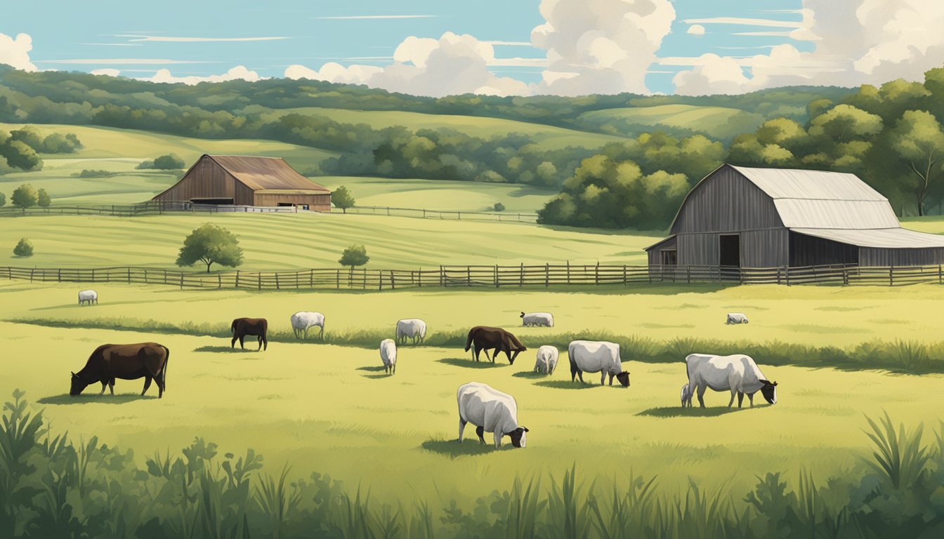 An open field with a farmhouse, barn, and grazing livestock under a clear Texas sky