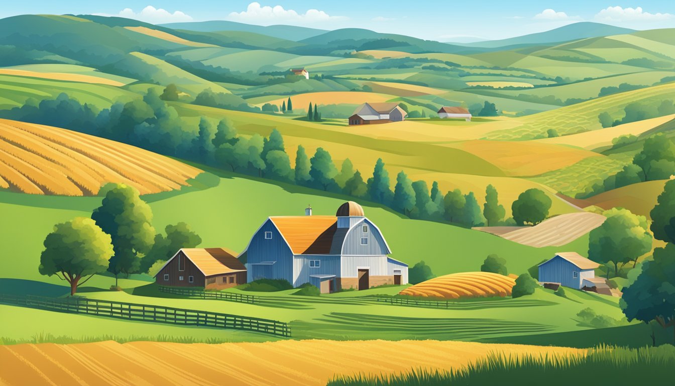 A rural landscape with a farmhouse, barn, and fields of crops, surrounded by rolling hills and a clear blue sky