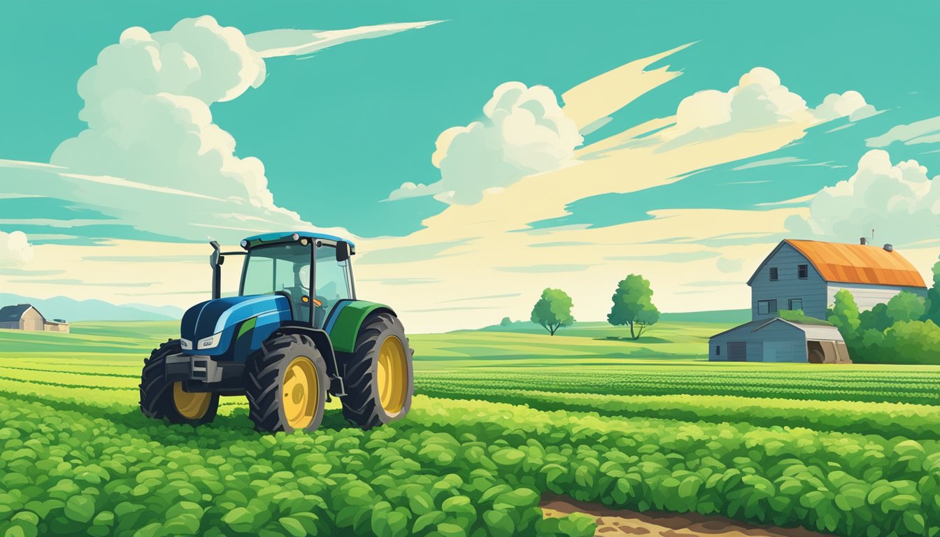 A vast field of lush green crops under a clear blue sky, with a small farmhouse in the distance and a tractor parked nearby